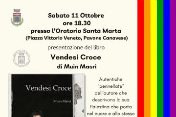 Locandina presentazione libro Vendesi Croce: sabato 11 ottobre, ore 18.30 presso l'Oratorio Santa Marta (Piazza Vittorio Veneto). Accompagneranno il racconto dell'autore italo-palestinese le melodie del gruppo Kalamass.