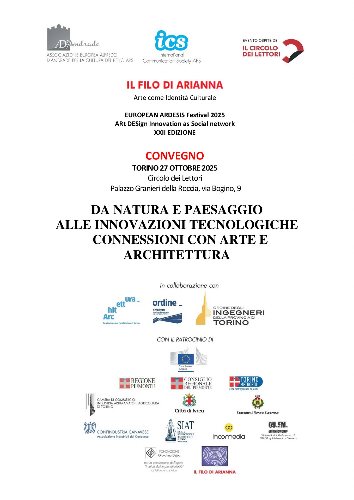 Locandina Convegno 27 ottobre 2025, Circolo dei Lettori di Torino - Da natura e paesaggio alle innovazioni tecnologiche. Connessioni con arte e architettura 